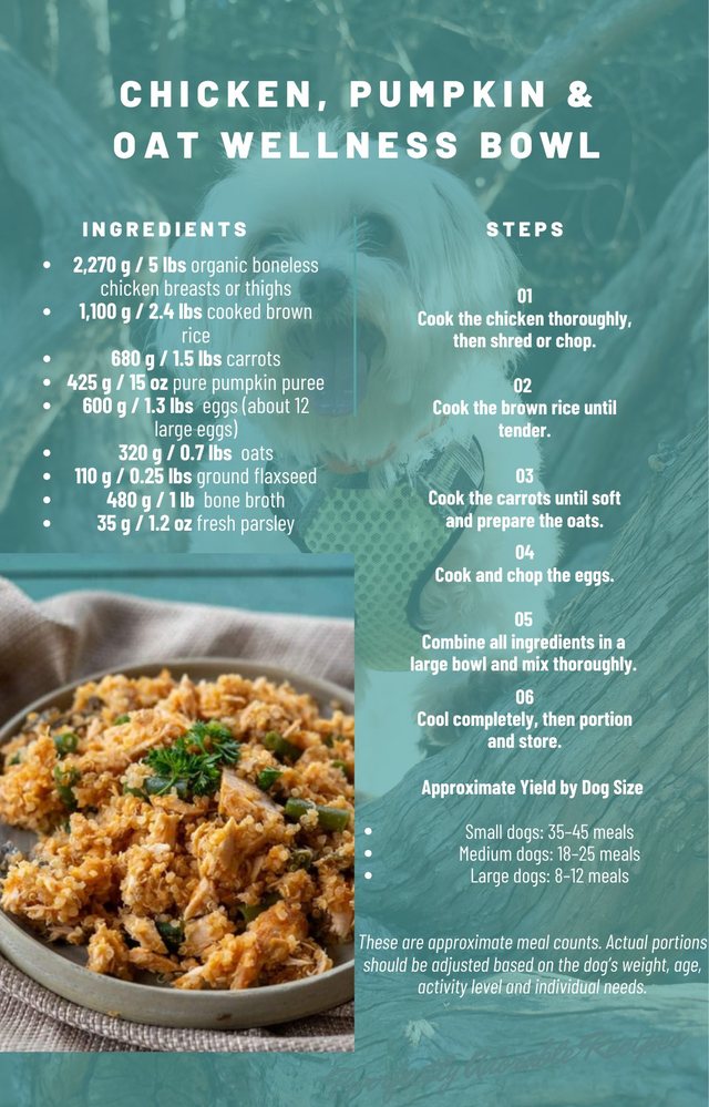Sample recipe page: Chicken, Pumpkin and Oat Wellness Bowl